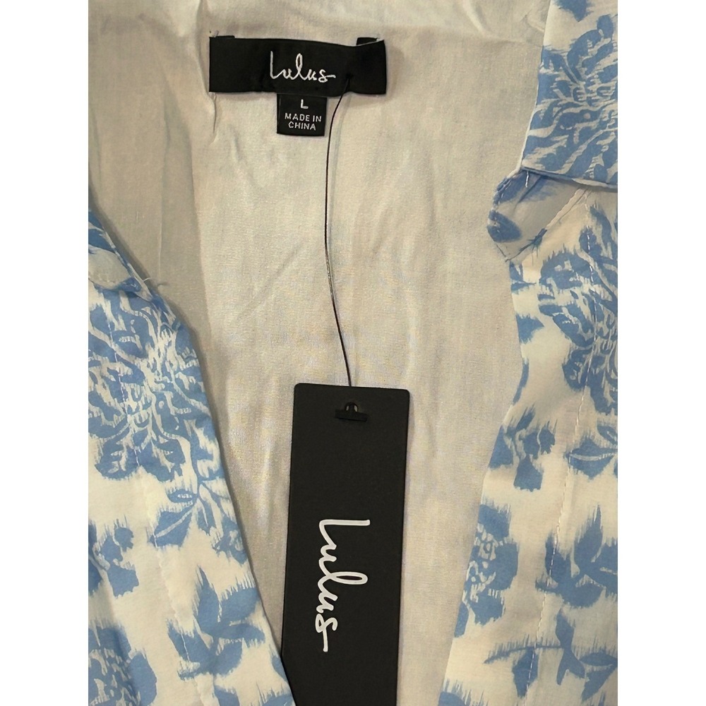 Lulus Blue White Floral Long Sleeve Wrap Mini Dress Cotton Buckle Detail NWT L - Picture 3 of 10